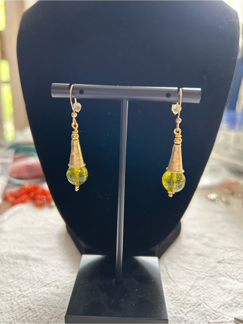 Handmade Gold-Tone Drop Earrings with Chartreuse Glass Beads